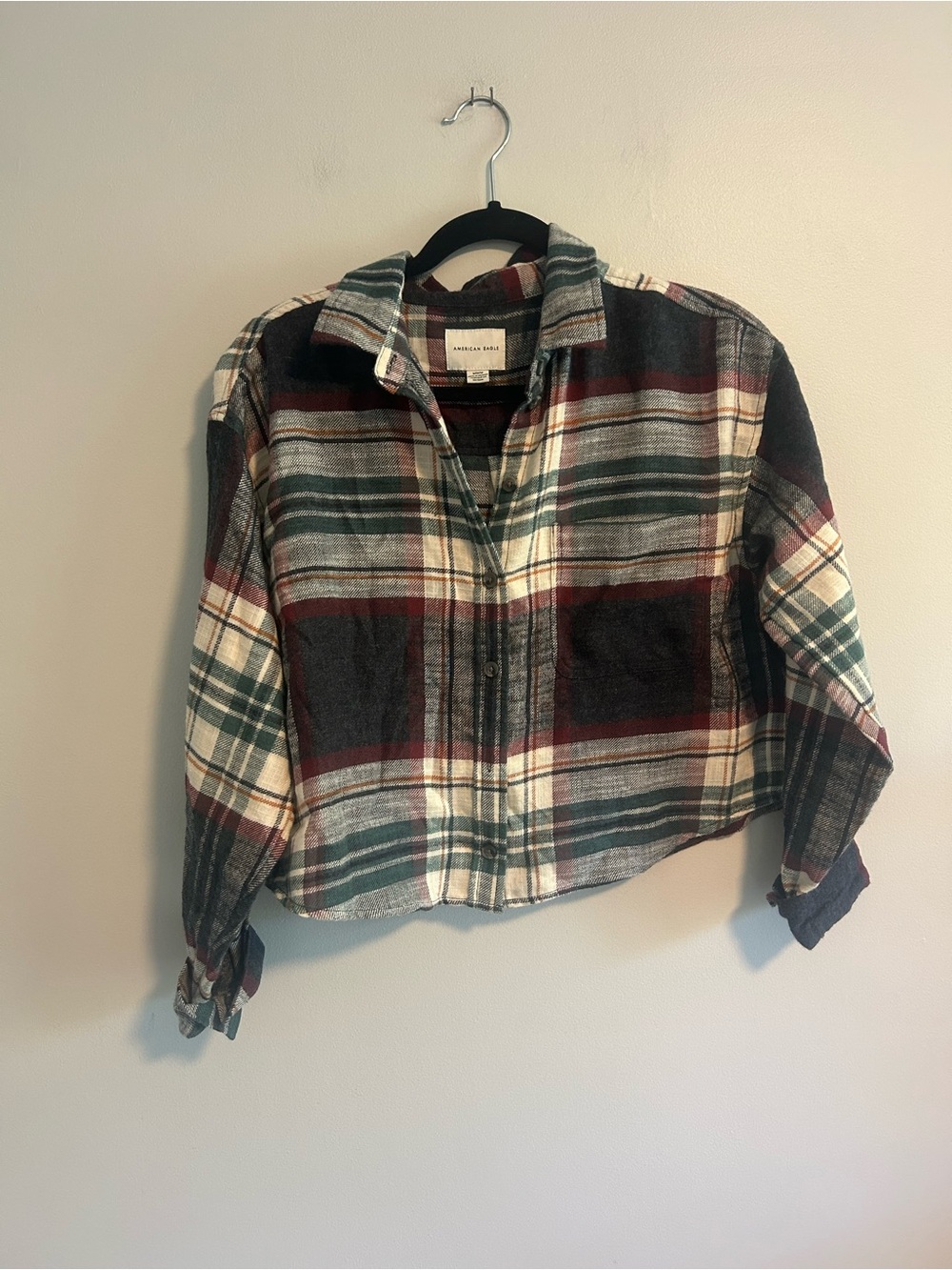 American eagle medium dark green, blue & red Plaid Crop button up flannel Shirt